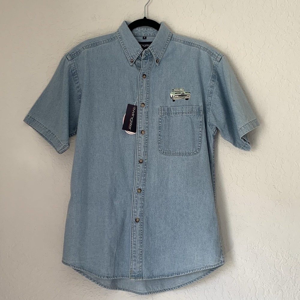 Deadstock Vintage Swingster Denim Button Shirt Men S Embroidered Classic Car NWT